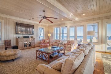 North Litchfield Beach House - coastal - Family Room - Other Metro - Catalyst Architects, LLC Pickled Pine, Coastal Family Rooms, Beach Style Living Room, Pine Walls, Classic Cottage, Bungalow Style, House Beach, Wood Panels, Updating House