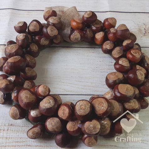 How to Make a Conker Wreath [DIY Craft for Autumn] My kids have had a great time collecting conkers and I'm making them into a conker wreath to decorate my home for autumn. Head over to my blog for full step by step instructions to make your own conker wreath for your fall decor. https://hearthearthcrafting.com/2021/10/22/how-to-make-a-conker-wreath-diy-craft-for-autumn/ #HeartHearthCrafting #CottageCore #NatureCrafts #NatureCraft #AutumnIsHere #AutumnDecor #Conkers #ConkerCrafts Crafts With Conkers, Cottagecore Fall Decor Diy, Conker Craft Ideas, Conker Wreath, Conkers Craft, Castle Crafts, Crafting Recipes, Material Wreaths, Craft Stash