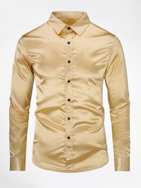 Free Returns ✓ Free Shipping On Orders $49+ ✓. CLOUDSTYLE Men Button Front Satin Shirt- Men Shirts at SHEIN. Prom Dress Shirt, Satin Shirt Men, Champagne Shirt, Men's Casual Fashion, Mens Shirts Online, Champagne Party, Gold Shirt, Paisley Shirt, Fashion Suits For Men