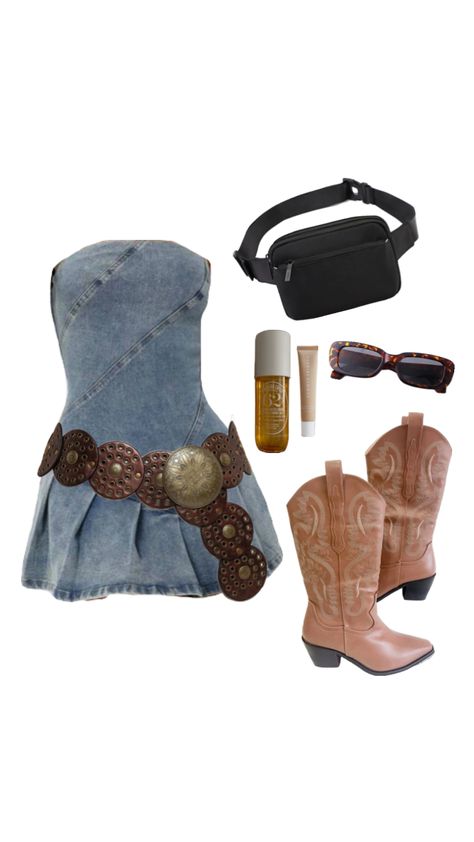 festival outfit inspiration denim dress cute Instagram fit ideas aesthetic circle belt y2k cowgirl boots inspo Fit Ideas Aesthetic, Aesthetic Circle, Y2k Cowgirl, Belt Y2k, Circle Belt, Festival Outfit Inspiration, Cute Instagram, Cowboy Outfits, Fit Ideas