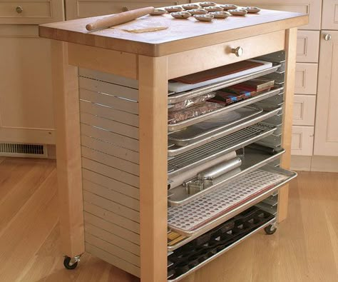 This rolling cart does triple duty as movable work surface, cooling rack, and storage for molds, stencils, and sheet pans. Provence Villa, Baking Station, Kitchen Island Storage, Home Bakery Business, Bakery Restaurant, Bakers Kitchen, Kitchen Top, Bakery Kitchen, Rolling Kitchen Island