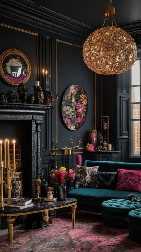 15 Charcoal Couch Living Room Ideas Black Rooms With Pops Of Color, Dark Eclectic Maximalism, Moody Rooms Inspiration, Charcoal Couch Living Room, Dark Maximalist Decor, Maximalism Home, Charcoal Couch, Jewel Tone Living Room, Dark Maximalist