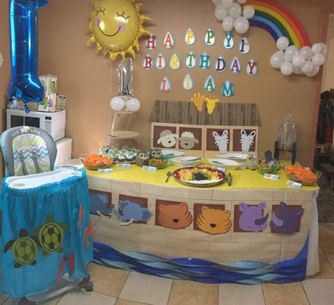 Noahs ark birthday party Two Year Old Party, Noah's Ark Birthday Party, Noahs Ark Decorations, Noahs Ark Party, Birthday Party Rainbow, Noahs Ark Theme, Noahs Ark Baby Shower, Noah Ark, Boys 1st Birthday Party Ideas