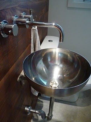 IKEA salad bowl sink! Minimalist and definitely mod! Kinda love for a half bath!!!! Diy Bathroom Sink, Bathroom Sink Bowls, Airstream Bambi, Wet Bath, Air Stream, Bathroom Sink Storage, Airstream Remodel, Small Bathroom Sinks, Bathroom Hacks