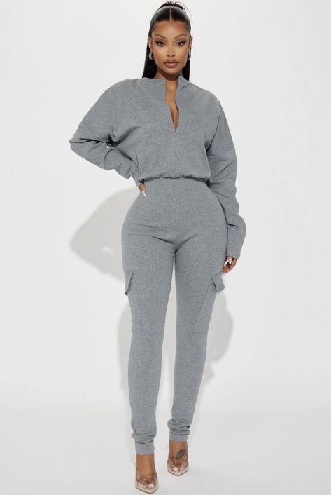 Sweat Clothes, Matching Sweats, Grey Jumpsuit, Winter Jumpsuit, Halloween Top, Sweater Jumpsuit, High Neck Long Sleeve, Cargo Pocket, Pocket Leggings