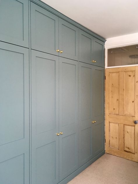 Blue Built In Wardrobe, Mdf Cupboard Doors Design, Blue Colour Wardrobe Design, Built In Wardrobe Upcycle Ideas, Painted Built In Wardrobes, Inbuilt Cupboards, Light Blue Wardrobe, Blue Dressing Room, Ikea Bedroom Furniture