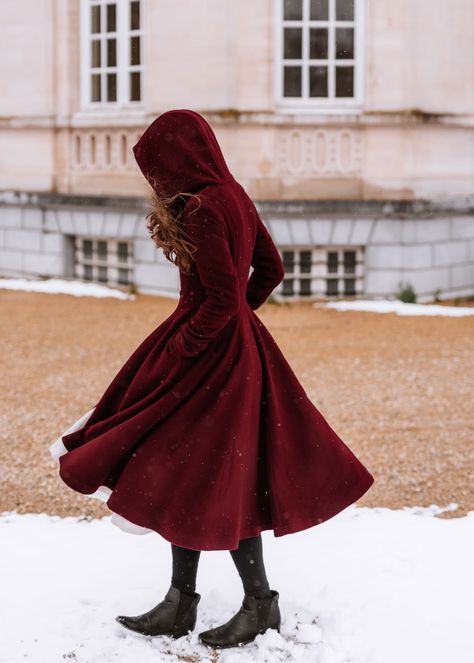 Burgundy Wool Coat, Hooded Wool Coat, Single Breasted Wool Coat, Long Swing Wool Coat, Fit and Flare Coat, Custom Warm Winter Coat 3424 - Etsy Fit And Flare Coat, Hooded Wool Coat, Christmas Dress Women, Wool Winter Coat, Wool Clothing, Knitted Hood, Fashion Line, Vintage Clothes, Fantasy Clothing