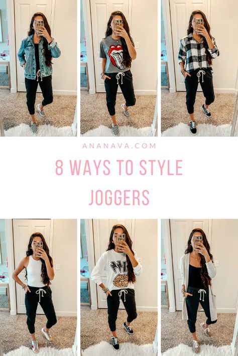 Joggers outfit / how to wear joggers / work from home outfit ideas Dressed Up Joggers Work, Jogger Outfits Women Casual, Joggers Outfit Ideas For Women, Gray Joggers Outfit Fall, Satin Joggers Outfit Dressy Winter, Joggers At Work Outfit, What To Wear With Black Joggers Casual, Women’s Outfits With Joggers, Dress Joggers Outfits