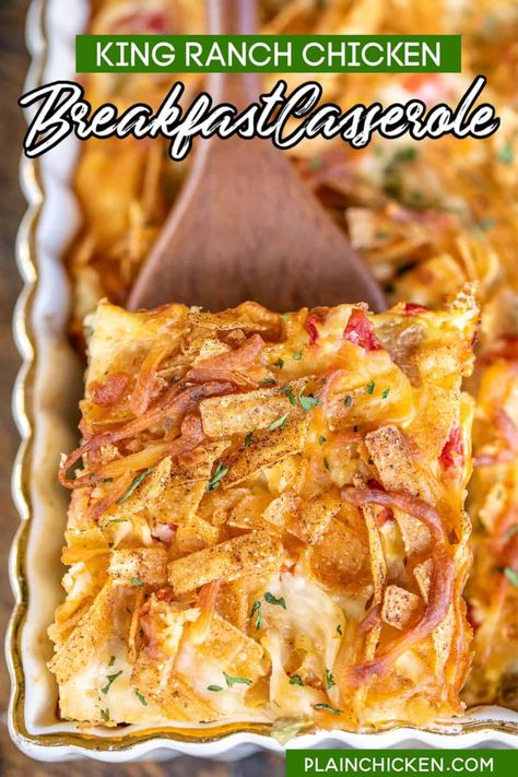 King Ranch Chicken Breakfast Casserole - our favorite Tex-Mex casserole turned into a yummy make-ahead breakfast casserole! Bread, chicken, Rotel, cheese, cream of chicken, eggs, milk, and tortilla strips. I mean, how could this be bad?!?! Great for breakfast, brunch, lunch, or dinner! #texmex #chicken #casserole #breakfast #brunch Chicken Breakfast Casserole, Sausage Hashbrown Breakfast Casserole, Crescent Breakfast, King Ranch Chicken, Easy Breakfast Casserole Recipes, Tater Tot Breakfast Casserole, Sausage Hash, Make Ahead Breakfast Casserole, Baked Breakfast Recipes