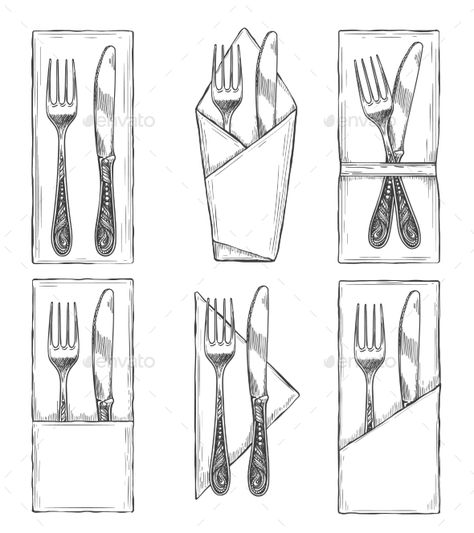 Cutlery on napkins sketch. Fork, knife and spoon on napkin set drawing, dinner table etiquette vector illustration Fork Drawing, Country Dinner, Paper Napkin Folding, Table Etiquette, Knife Drawing, Tea Party Table, Object Drawing, Pen Sketch, Sketch Inspiration