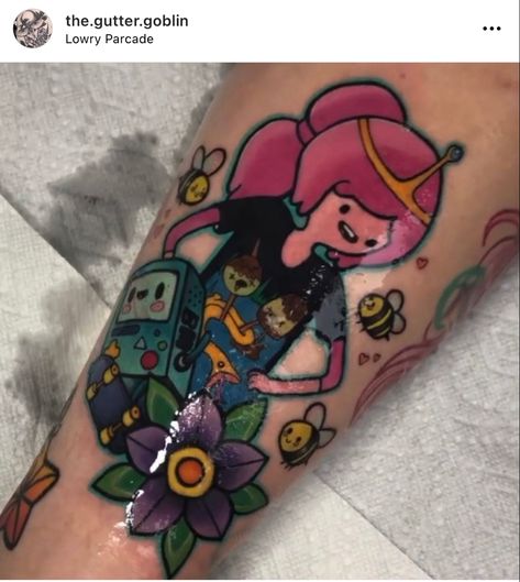 Princess bubblegum from adventure time Bubblegum And Marceline Tattoo, Princess Bubble Gum Tattoo, Flame Princess Tattoo, Princess Bubblegum Tattoo, Adventure Time Tattoo Princess Bubblegum, Adventure Time Tattoo Traditional, Adventure Time Patchwork Tattoo, American Traditional Adventure Time Tattoo, Adventure Time Tattoo