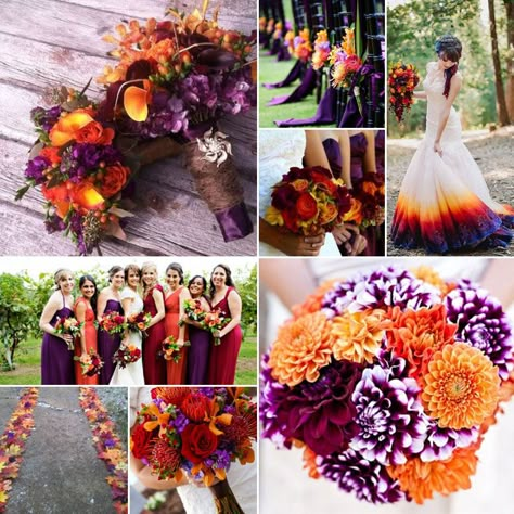 purple-burgundy-orange-weddings Fall Wedding Colors Purple, Orange Purple Wedding, Purple Fall Wedding, Orange Wedding Themes, Burgundy Wedding Colors, Orange Wedding Colors, Fall Wedding Bridesmaids, Halloween Themed Wedding, Wedding Colors Purple