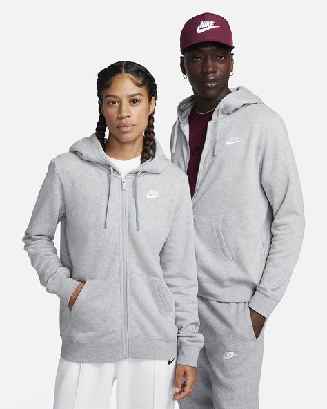 Nike Sportswear Club Fleece Women's Full-Zip Hoodie. Nike.com Nike Zip Up Hoodie, Fleece Outfit, Nike Sportswear Club Fleece, Tops Nike, Nike Fleece, Nike Zip Up, Tech Fleece, Grey Nikes, Nike Hoodie