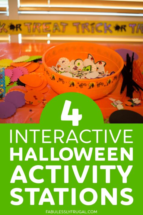 14 Halloween Party Essentials (Decorations, Games, and More) - Fabulessly Frugal Halloween Station Ideas, Halloween Party Centers Preschool, Halloween Party Stations, Halloween Party Centers Kindergarten, Halloween Classroom Party Centers, Halloween Game Stations, No Prep Halloween Games, Halloween Stations, Halloween Party Essentials