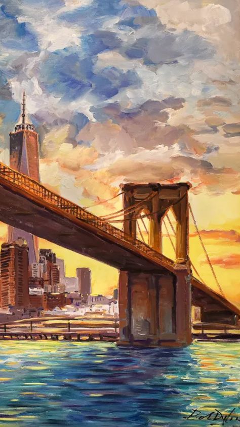 City Skyline Painting Acrylic, Acrylic Painting New York, Nyc Painting Acrylic, Painting Ideas On Canvas City, Drawing Seasons, Brooklyn Painting, Bridge Art Paintings, Nyc Painting, Nyc Watercolor