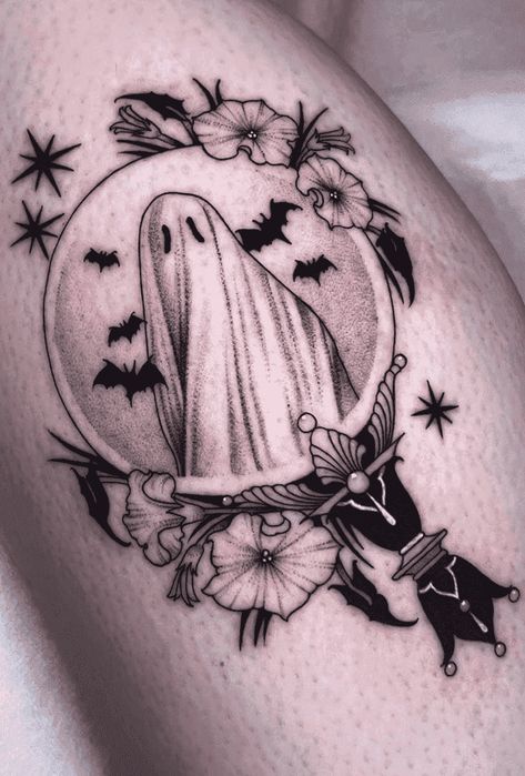 Realism Ghost Tattoo, Ghost With Crown Tattoo, Spooky Wrist Tattoo, Pretty Ghost Tattoo, Ghost Animal Tattoo, Halloween Shoulder Tattoo, Halloween Snowglobe Tattoo, Spooky Girl Tattoo, Floral Ghost Tattoo