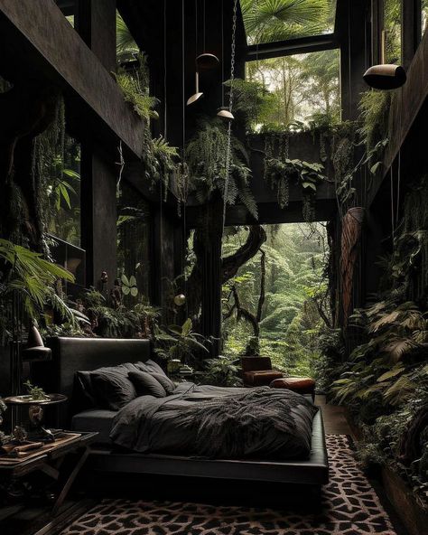 House Must Haves Products, L Bedroom Design, Chill Room Ideas Lounges Cozy, Dark Forest House Aesthetic, Dark Forest House, Dark Forest Bedroom, Dark Luxury House, Mansion In The Woods, Dream House In The Woods