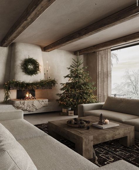 Wabi Sabi Christmas Decor, Wabi Sabi Christmas, Private House Design, Wabi Sabi Living Room, Christmas Tree And Fireplace, Minimal Christmas, By The Fireplace, Spanish Style Home, Christmas Living Rooms