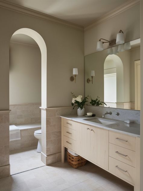 Behr French Beige Taupe Paint Colors Bathroom, Behr Even Better Beige Paint Color, Two Tone Beige Walls, Light Tan Bathroom Walls, Travertine Bathroom Paint Wall Colors, Sherwin Williams Barcelona Beige, Behr French Beige, Wheat Bread Behr Paint, Warm Tan Paint Colors