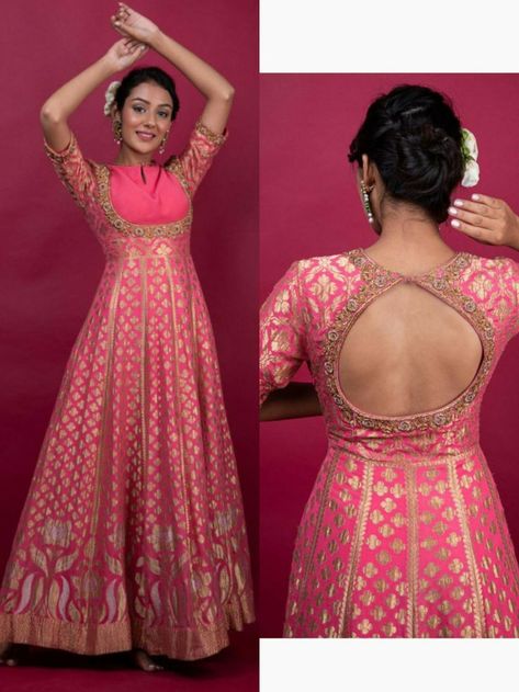 Anaar Kali Suit, Anarkali Front And Back Neck Designs, Ethic Dresses For Women, Anarkali Dress From Silk Saree, Saree Dress Back Neck Designs, Lehenga To Anarkali Convert, Anarkali Kurti Design From Old Saree, Anarkali Dress Design From Saree, Gown From Saree Ideas