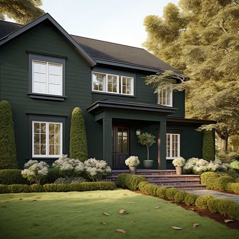 4+ Cool Green Exterior Paint Palettes for Modern Homes • 333+ Images • [ArtFacade] Green House Exterior Ideas, Olive Green House Exterior, Dark Green House, Dark Green Exterior House Colors, Dark Green House Exterior, Green Home Exterior, Green House Paint, Green House Color, Green Exterior House