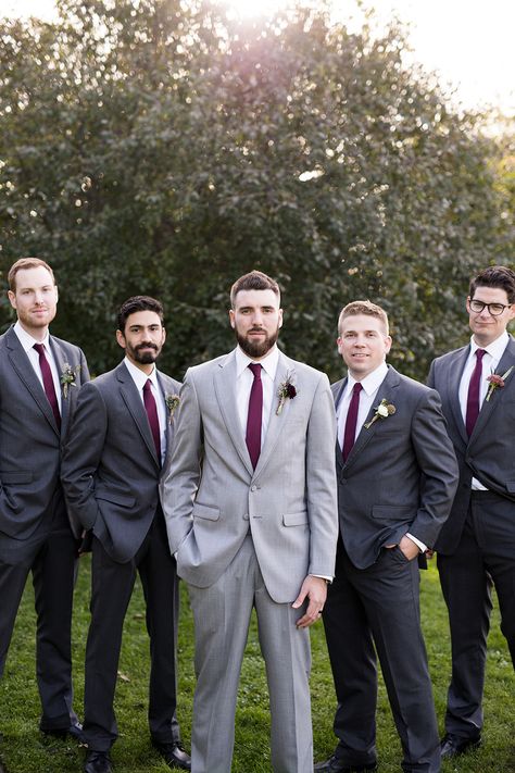 Groomsmen Grey Suit Burgundy Tie, Burgundy And Blush Mens Wedding Attire, Cabernet Groomsmen Attire, Burgundy Bridesmaid Dresses Grey Suits, Grey And Burgundy Groomsmen, Maroon Wedding Theme Groomsmen, Burgundy And Grey Groomsmen Attire, Groom And Groomsmen Attire Fall Wedding, Wine Groomsmen Attire