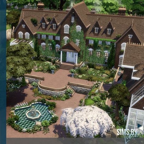 Sims 4 Country Manor, Sims 4 Hedge Maze, Sims 4 Manor House, Manor House Exterior, Country Club Exterior, Sims 4 Patio, Sims 4 Manor, Sims 4 Landscaping Ideas, Sims 4 Mansion