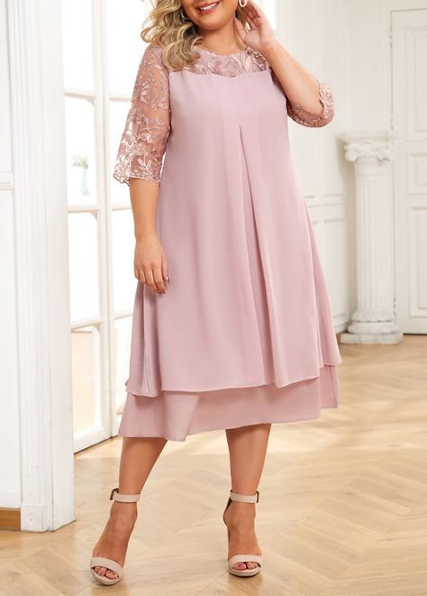 Light Pink Embroidery Plus Size A Line Dress | modlily.com - USD 38.98 Dress Plus Size Formal, Layered Wedding Dresses, Mog Dresses, Plain Midi Dress, Mom Dresses, Pink A Line Dress, Embroidery Light, Plus Size Elegant Dresses, Latest Dress For Women