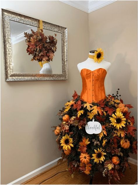 Halloween Maniquin, Christmas Mannequin, Dress Form Decor, Autumn Window Display, Mannequin Decor, Dress Form Christmas Tree, Mannequin Christmas Tree, Christmas Tree Dress, Fall Floral Dress