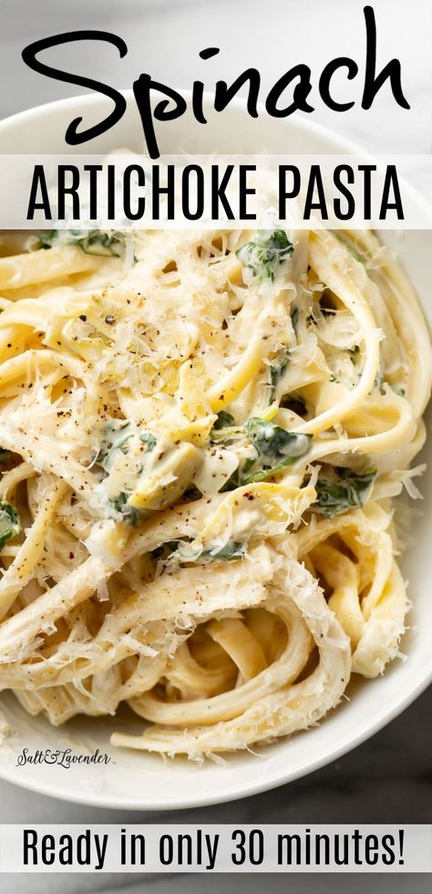 Baked Spinach Artichoke Pasta, Spinach Artichoke Sauce, Artichoke Spinach Pasta Recipes, Artichoke Noodle Recipes, Asparagus Artichoke Pasta, Vegetarian Savory Recipes, Spinach Artichoke Dinner Recipes, Spinach Artichoke Recipes Dinners, Spinach Artichoke Spaghetti