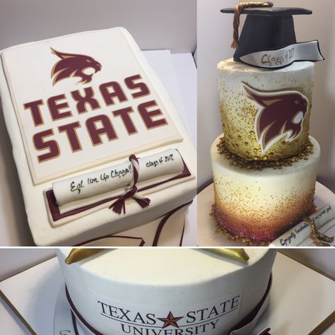 Texas State Graduation Cakes Texas State Graduation Party, Graduation Treats, Texas State Bobcats, Unique Cakes Designs, Graduation Party Cake, Graduation Party Themes, Kids Graduation, Texas State University, Unique Cakes