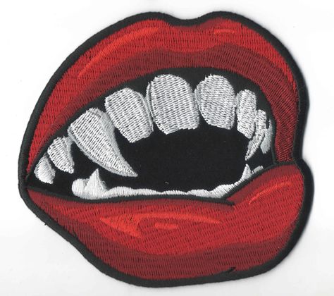 "Red Lips With Vampire Teeth Iron On Sew On Embroidered  Patch 4\" X 3 3/4\" New Item . Embroidered Patch Iron on or Sew on Application Plastic Backing & Die Cut Borders" Vampire Lips, Arte Punk, Vampire Fangs, Vampire Teeth, Applique Patches, Biker Patches, Cool Patches, Embroidered Applique, Appliqué Patch