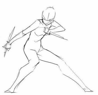 Ninja Pose Reference Drawing, Pose Reference Swordman Female, Person Sketch Simple, Dual Weilding Poses Reference, Drawing Base 1 Person, Cool Poses Drawing Action, Sythe Poses Reference, Holding Dagger Reference, Half Body Poses Drawing