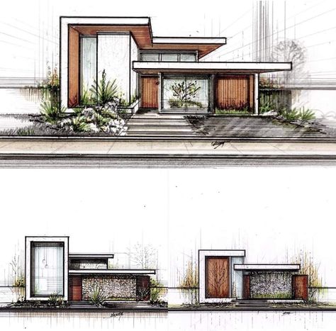 Facade Architecture Drawing, Exterior Design Sketch, Colorful House Exterior, Renderings Architecture, Sketch Of House, Elevation Designs For House, Exterior Facade Design, Home Elevation Design, Dream House Drawing