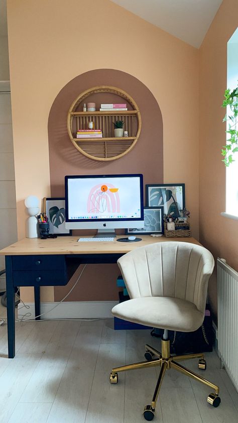 Feature arch home office colour block boho Peach Home Office, Desk Wall Arch, Boho Color Block Wall, Painted Arch Accent Wall Office, Colorblock Wall Desk, Pink Colour Block Wall, Home Office Boho Chic, Peach Office, Arch Home