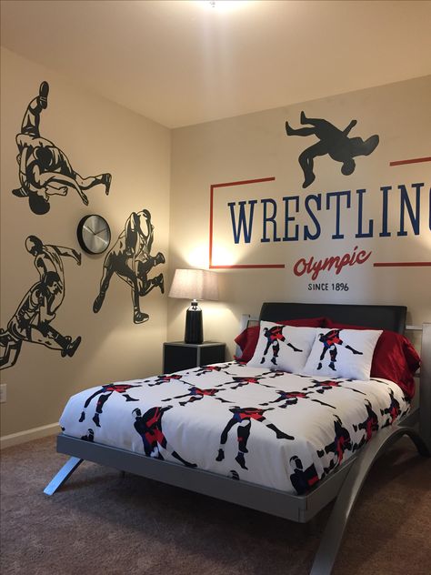 Wrestling theme room Mural painted by Enhanced Space Wrestling Theme Bedroom, Wrestling Bedroom Ideas, Wrestling Room Ideas, Wrestling Room, Michigan Decor, Teenager Bedroom Boy, Teen Boy Room, Wwe Elite, Wrestling Mom