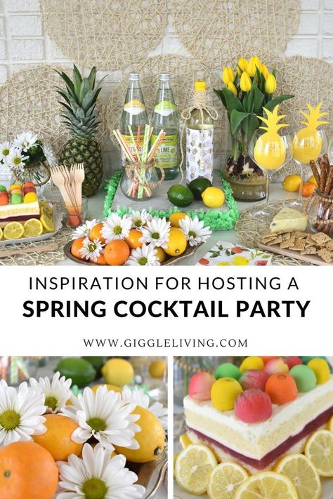 cocktail party ideas/spring party inspiration/spring party decor/bar styling/ summer drink table/#cocktailparty #springparty #colorful #springvibes Spring Cocktail Party, Bridal Party Foods, Spring Fling Party, Cocktail Party Ideas, Food Centerpieces, Drink Stations, Cocktail Party Decor, Cocktail Party Themes, Spring Cocktail