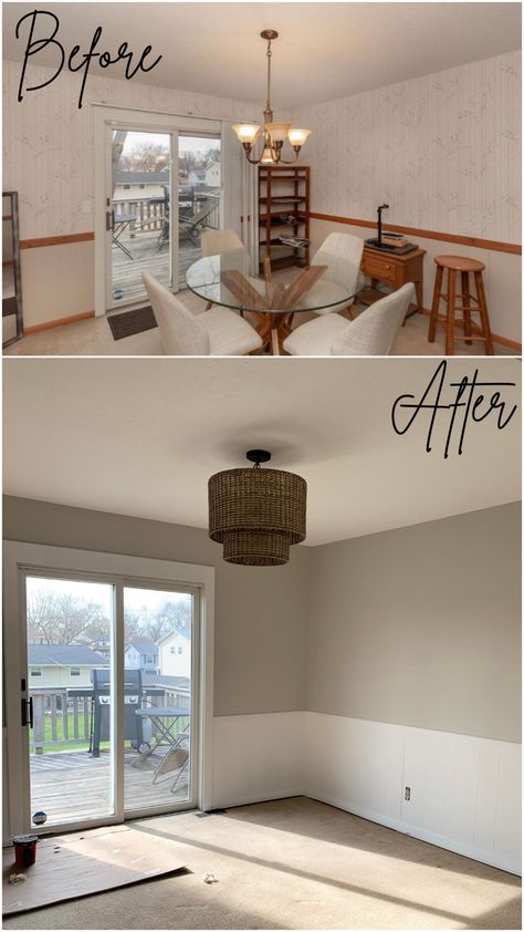 Boho dining room before and after Dining Room Remodel Before And After, House Remodel Before And After, How To Paint Open Concept House, Home Before And After, Home Renovation Before And After, Dining Room Diy, Before And After Home Interior, Old Home Renovation, Lighting Updates