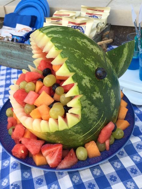 Shark watermelon for Jase's 4th birthday party Octopus Cake Pops, Watermelon Shark, Fishing Birthday Party, Ocean Birthday, Ocean Party, Sea Birthday Party, Shark Themed, Mermaid Parties, Fishing Birthday