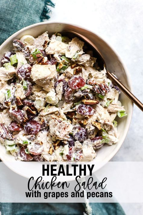 This healthy chicken salad with grapes and pecans is made with Greek yogurt instead of mayo, rotisserie chicken (yay, convenience!), green onions, juicy red grapes, and toasted pecans! It comes together in minutes and yields healthy, high-protein lunches for days. The savory flavors with bursting, juicy red grapes is unbeatable! #healthychickensalad #chickensaladwithgrapes #quickandeasy #highprotein #chickensaladsandwich #lunch High Protein Chicken Salad, Chicken Salad Croissant, Salad With Grapes, Greek Yogurt Chicken Salad, Yogurt Chicken Salad, Chicken Salad With Grapes, Healthy Chicken Salad Recipe, Chicken Salad Ingredients, Rotisserie Chicken Salad