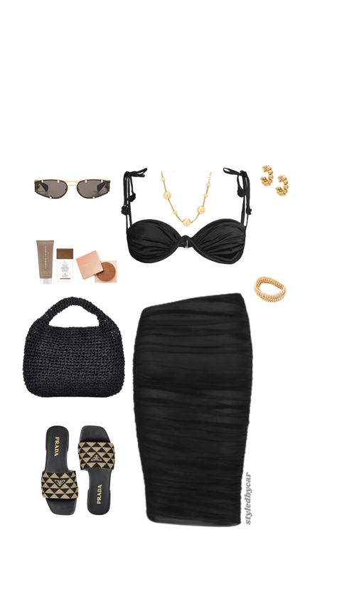 Beach Club Outfit Ideas, Black And Gold Beach Outfit, Black Beach Club Outfit, Beach Club Party Outfit, Pool Club Outfit, Drunk Elephant Bronzing Drops, Elephant Bronzing Drops, Beach Club Outfit, Gold Ball Necklace