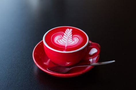 Rose red latte art in a ruby cup. #latteart #coffee #red Red Velvet Latte, Aesthetic Bg, Coffee Cup Drawing, Carrie White, Red Coffee, Disney Villain, Red Cups, Red Leaves, Design Posters