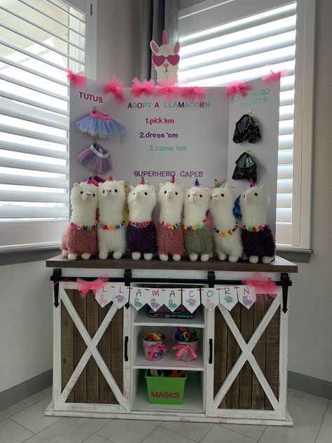 Adopt a Llamacorn party Animal Adoption Birthday Party, Stuffed Animal Birthday Party, Adopt A Pet Birthday Party, Adopt A Pet Party, Fun Sleepover Activities, Care Bears Birthday Party, Pet Party, Care Bears Plush, Puppy Birthday Parties