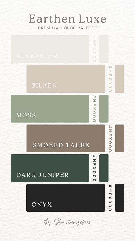 Elevate your design projects with the Earthen Luxe Premium Palette. These sophisticated colors, including Moss and Smoked Taupe, are perfect for creating a luxurious and cohesive brand identity. Emerald Palette Colour Schemes, Deep Green Color Scheme, Colour Palette Emerald Green, Black Green Neutral Color Palette, Forest Green Pallet Colour Palettes, Sage Green Color Palate, Home Green Decor, Grey Green Color Scheme, Brass Colour Palette