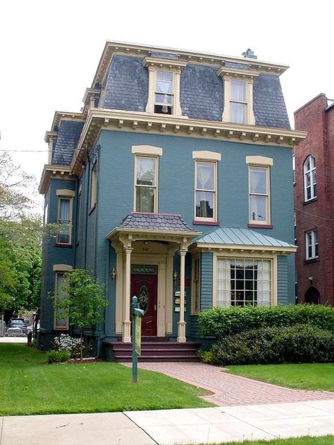 Second Empire Blue, Erie | Flickr - Photo Sharing! Second Empire House Plans, Stucco Cottage, Second Empire House, Turret House, Empire House, Empire Architecture, Future Mansion, Brick Houses, Dark Trim