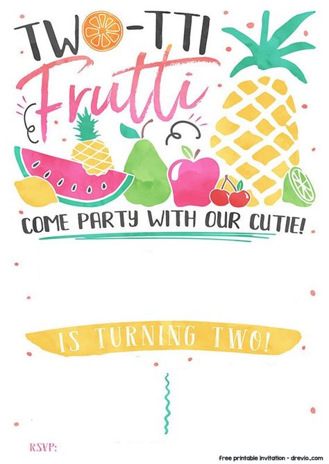 FREE Printable Two-tti Frutti Invitation Template | FREE Invitation Templates - Drevio Tutti Frutti Invitation Template, Tutti Frutti Birthday Party Invitations, Twoti Fruiti Birthday Party Invitation, Twotti Fruity Party Invitation, Twotti Fruitti, Tutti Frutti Birthday Party, Twotti Fruity, Fruity Party, Tutti Frutti Party