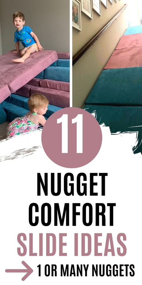 whether you have one or many nugget kids couches, here's ideas for building slide configurations! Nugget Couch Jumping, Nugget Stair Slide, Nugget Ideas For Toddlers, Nugget Couch Climbing Ideas, Play Couch Build Ideas, 2 Nugget Slide, Nugget Fort Ideas One, 2 Nugget Builds For Climbing, 2 Nugget Couch Builds Slide