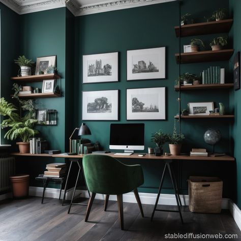 Dark Academia Home Office | Stable Diffusion Online Dark Academia Office Ideas, Dark Wall Office, Academia Home Office, Dark Academia Home Office, Dark Green Office, Dark Academia Office, Academia Home, Home Office Dark, Dark Oak Flooring