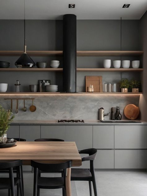 10 Grey Kitchen Ideas to brighten your space - homezille White Dark Grey Kitchen, Grey Wood Kitchen Ideas, Dark Kitchen Ideas Modern, Kitchen Dark Grey Cabinets, Kitchen With Grey Tiles, All Grey Kitchen, Backsplash Black Kitchen, Industrial Black Kitchen, Kitchen Hardware Black