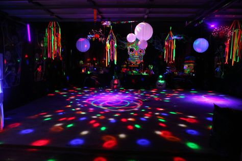 Glow in Dark Neon Day of Dead Halloween Garage Party Glow Night Decorations, Garage Glow Party, Halloween Party Glow In The Dark, Garage Dance Party, Neon Lights Prom Theme, Halloween Party Garage, Aesthetic Glow In The Dark Party, Halloween Garage Party, Garage Halloween Party Ideas